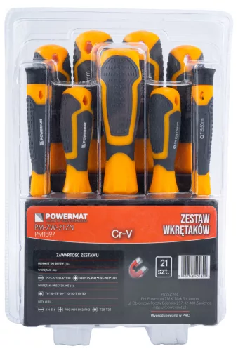 Csavarhúzó és bit készlet 21 részes, mágneses heggyel, állvánnyal, CrV, PM-ZW-21ZN – Powermat (PM1597)