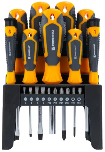 Csavarhúzó és bit készlet 21 részes, mágneses heggyel, állvánnyal, CrV, PM-ZW-21ZN – Powermat (PM1597)