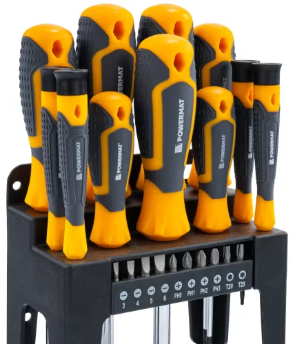 Csavarhúzó és bit készlet 21 részes, mágneses heggyel, állvánnyal, CrV, PM-ZW-21ZN – Powermat (PM1597)