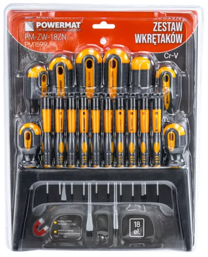 Csavarhúzó készlet 18 részes, precíziós darabokkal, állvánnyal, PM-ZW-18ZN – Powermat (PM1599)