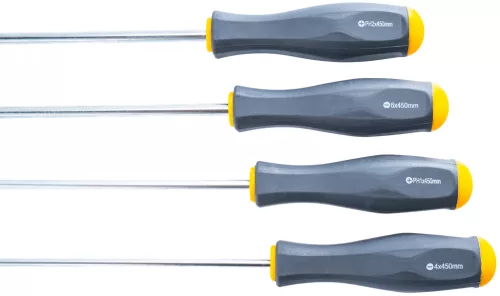 Extra hosszú csavarhúzó készlet 4 részes, 450 mm, mágneses heggyel, CrV, PM-ZW-4ZN – Powermat (PM1602)