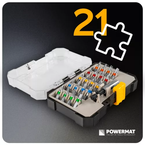 Bitkészlet 21 részes, mágneses bittartóval 60 mm, S2 acél, 1/4", PM-ZB-21ZN – Powermat (PM1609)