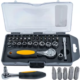   Bit- és dugófejkészlet racsnival 38 részes, 75 mm-es hosszabbítóval, CrV, PM-ZBN-38ZN – Powermat (PM1610)