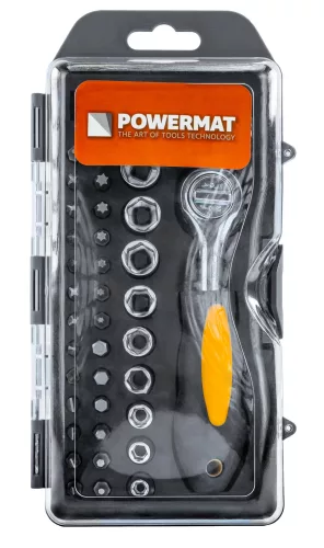 Bit- és dugófejkészlet racsnival 38 részes, 75 mm-es hosszabbítóval, CrV, PM-ZBN-38ZN – Powermat (PM1610)