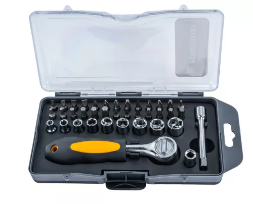 Bit- és dugófejkészlet racsnival 38 részes, 75 mm-es hosszabbítóval, CrV, PM-ZBN-38ZN – Powermat (PM1610)
