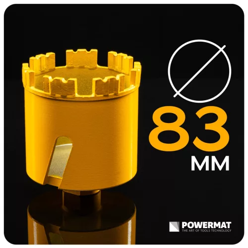 Gyémánt dobozfúró szegmenses 83 mm, M14, 95 mm hossz, betonhoz, PM-DWK-83x95M14M – Powermat (PM1626)