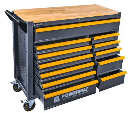 Szerszámos kocsi 12 fiókos, üres, fa munkalappal, 116 × 45,5 × 96,5 cm, PM-SN-471MP – Powermat (PM1661)
