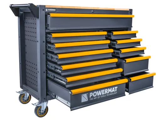 Szerszámos kocsi 12 fiókos, üres, fa munkalappal, 116 × 45,5 × 96,5 cm, PM-SN-471MP – Powermat (PM1661)