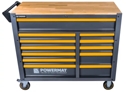 Szerszámos kocsi 12 fiókos, üres, fa munkalappal, 116 × 45,5 × 96,5 cm, PM-SN-471MP – Powermat (PM1661)